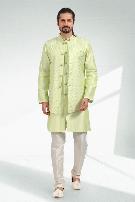Pista Green Colour Art Silk Thread Work Kurta Pajama With Jacket