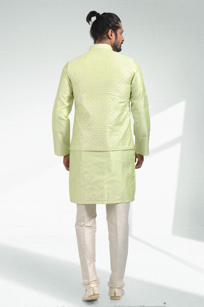 Pista Green Colour Art Silk Thread Work Kurta Pajama With Jacket