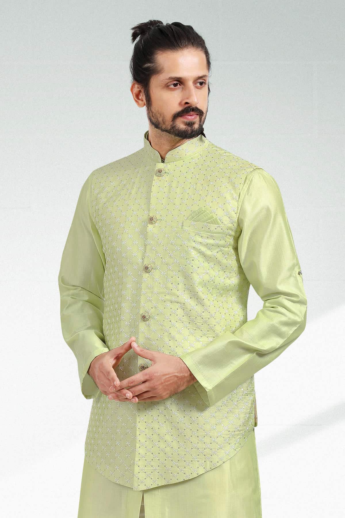 Pista Green Colour Art Silk Thread Work Kurta Pajama With Jacket
