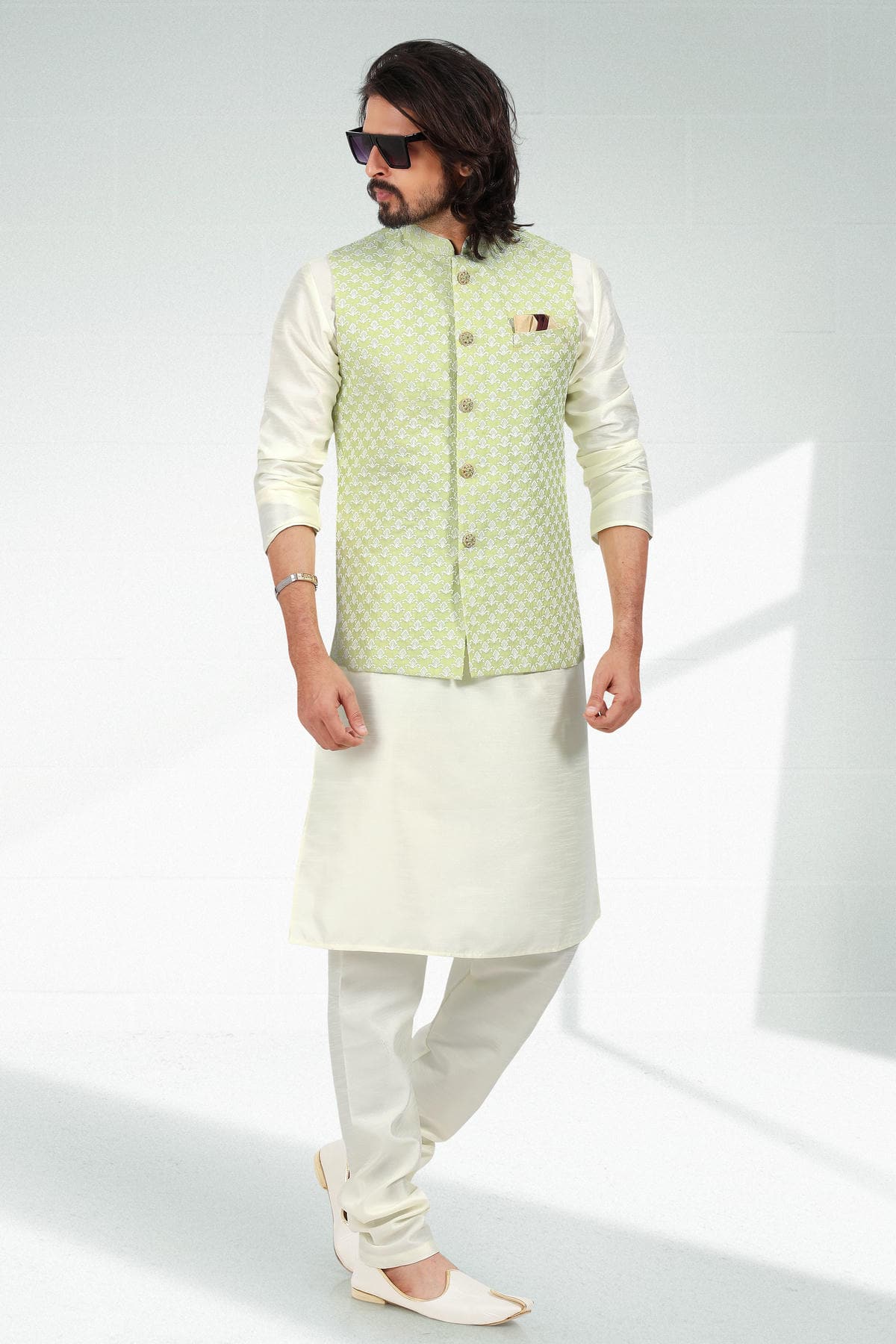Pista Green Colour Art Silk Thread Work Kurta Pajama With Jacket