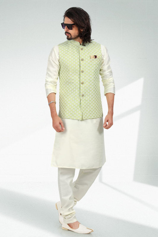 Pista Green Colour Art Silk Thread Work Kurta Pajama With Jacket