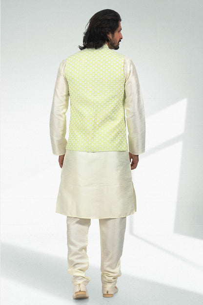Pista Green Colour Art Silk Thread Work Kurta Pajama With Jacket