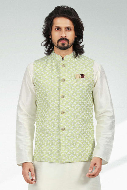 Pista Green Colour Art Silk Thread Work Kurta Pajama With Jacket