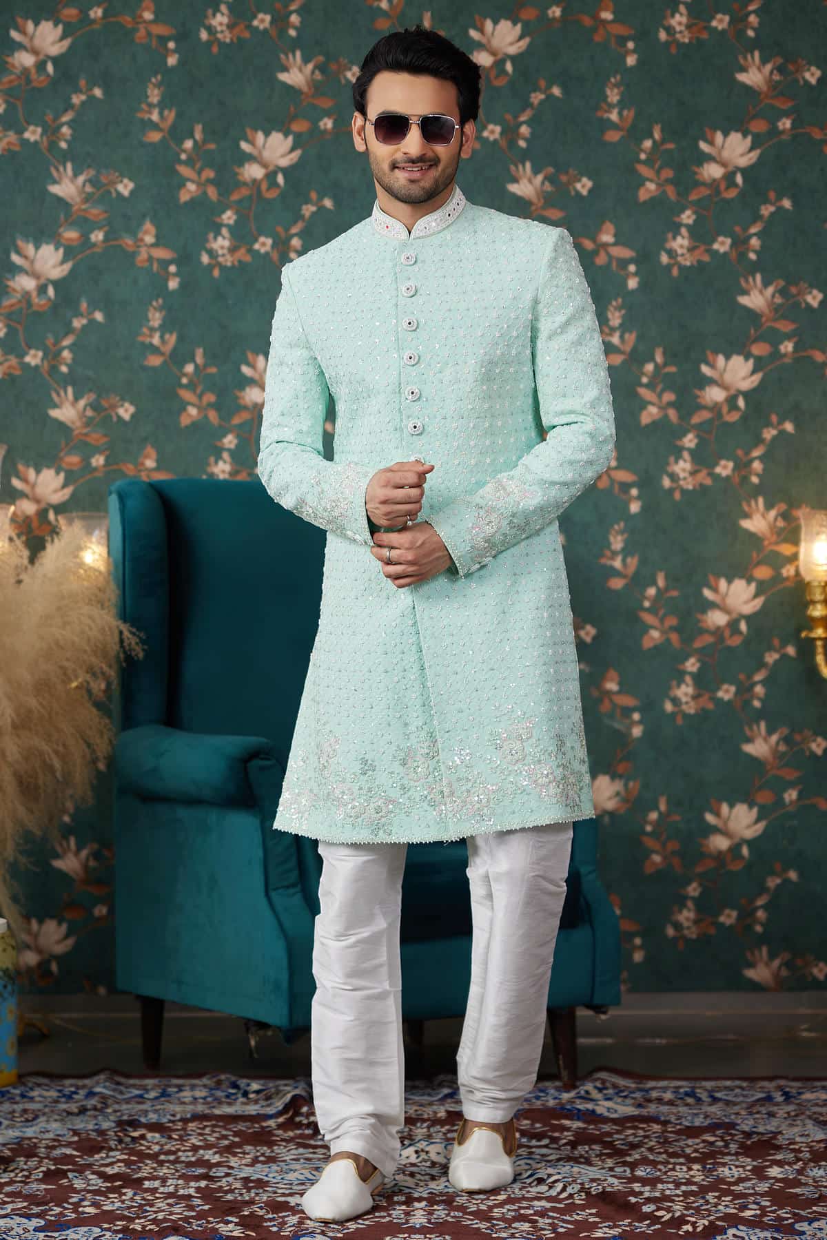 Pista Green Colour Art Silk Thread Work Sherwani