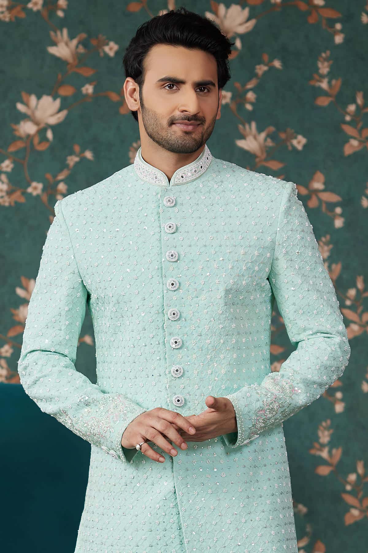 Pista Green Colour Art Silk Thread Work Sherwani