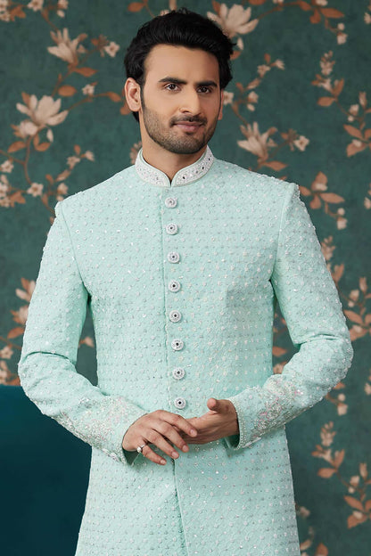 Pista Green Colour Art Silk Thread Work Sherwani