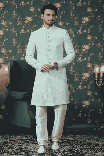 Pista Green Colour Art Silk Thread Work Sherwani