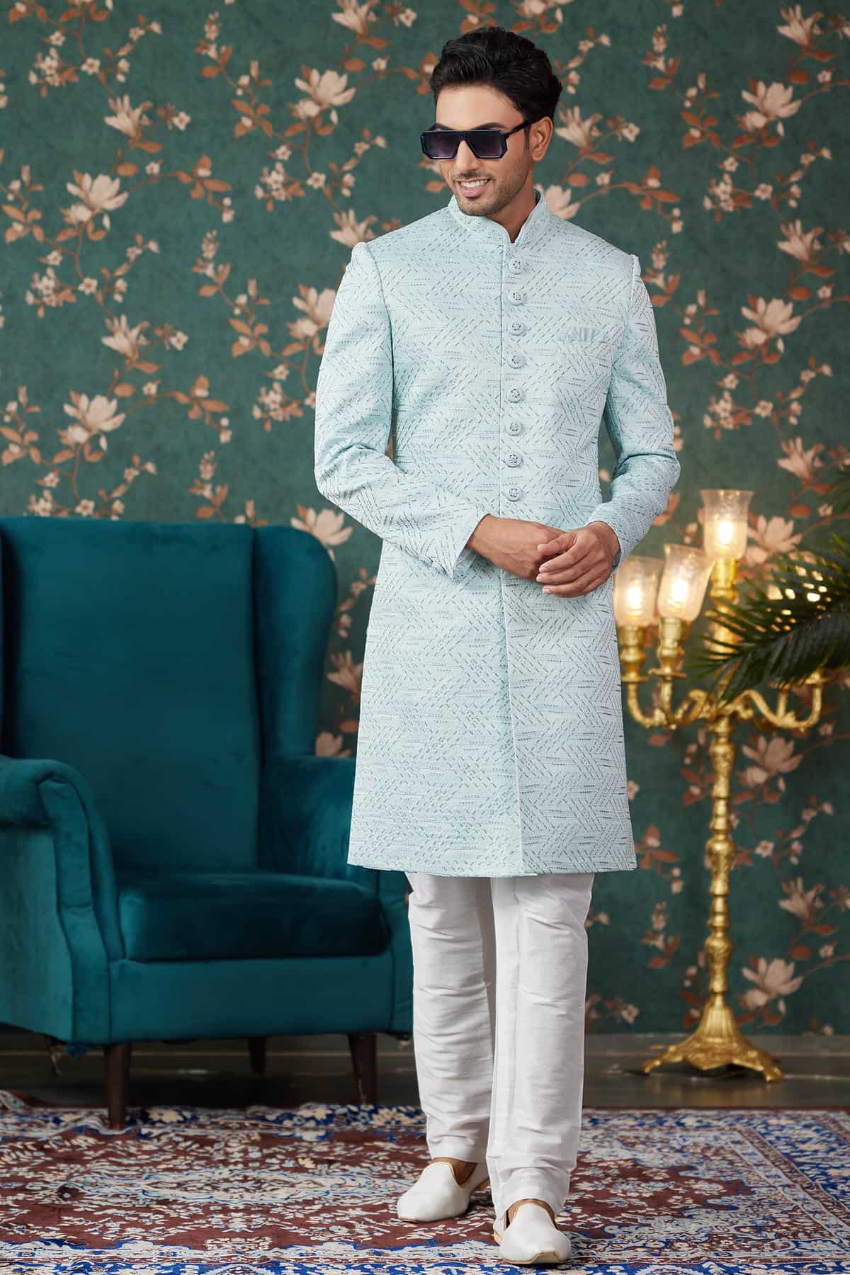Pista Green Colour Art Silk Thread Work Sherwani