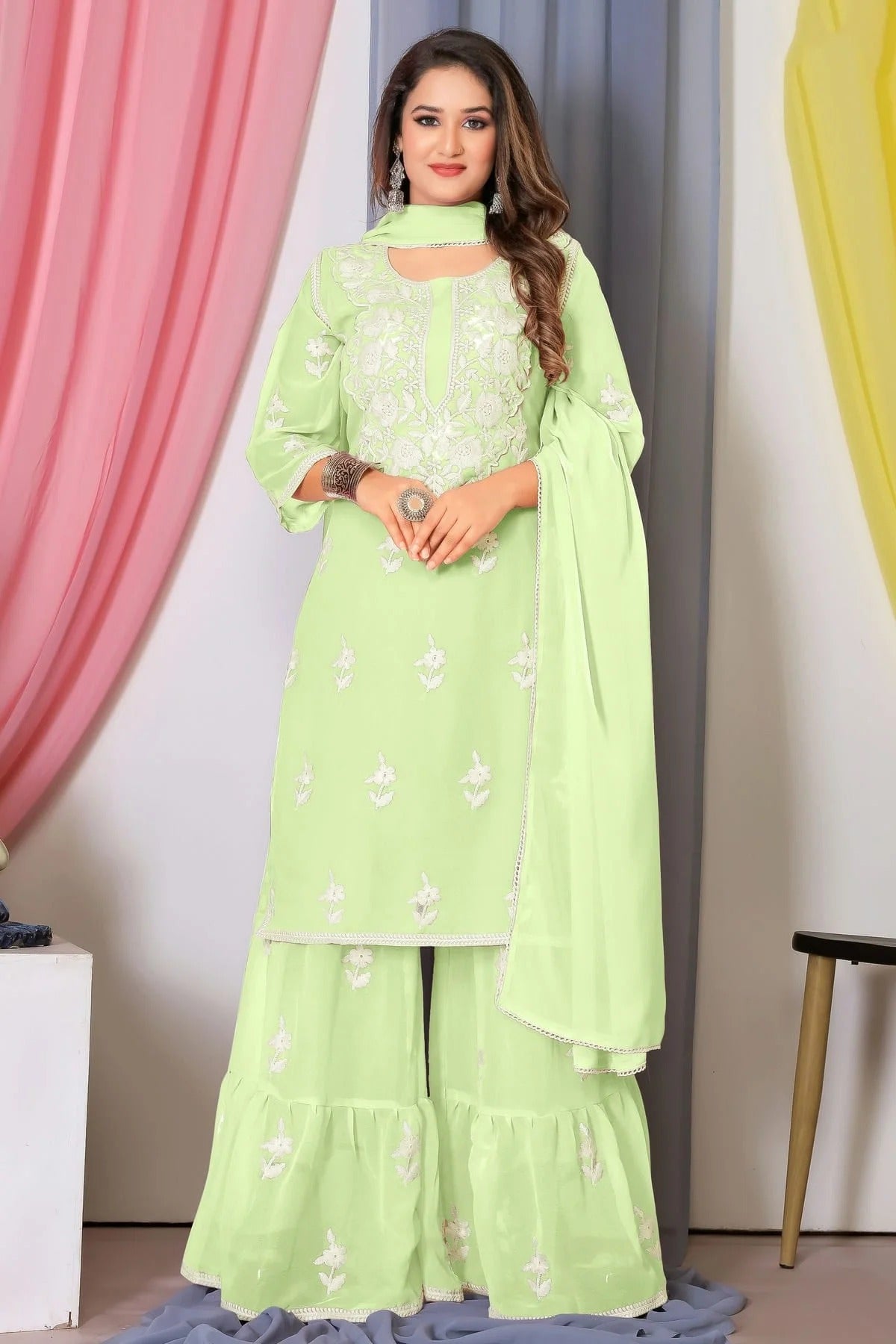 Pista Green Colour Bamber Georgette Sharara Suit SM1110707