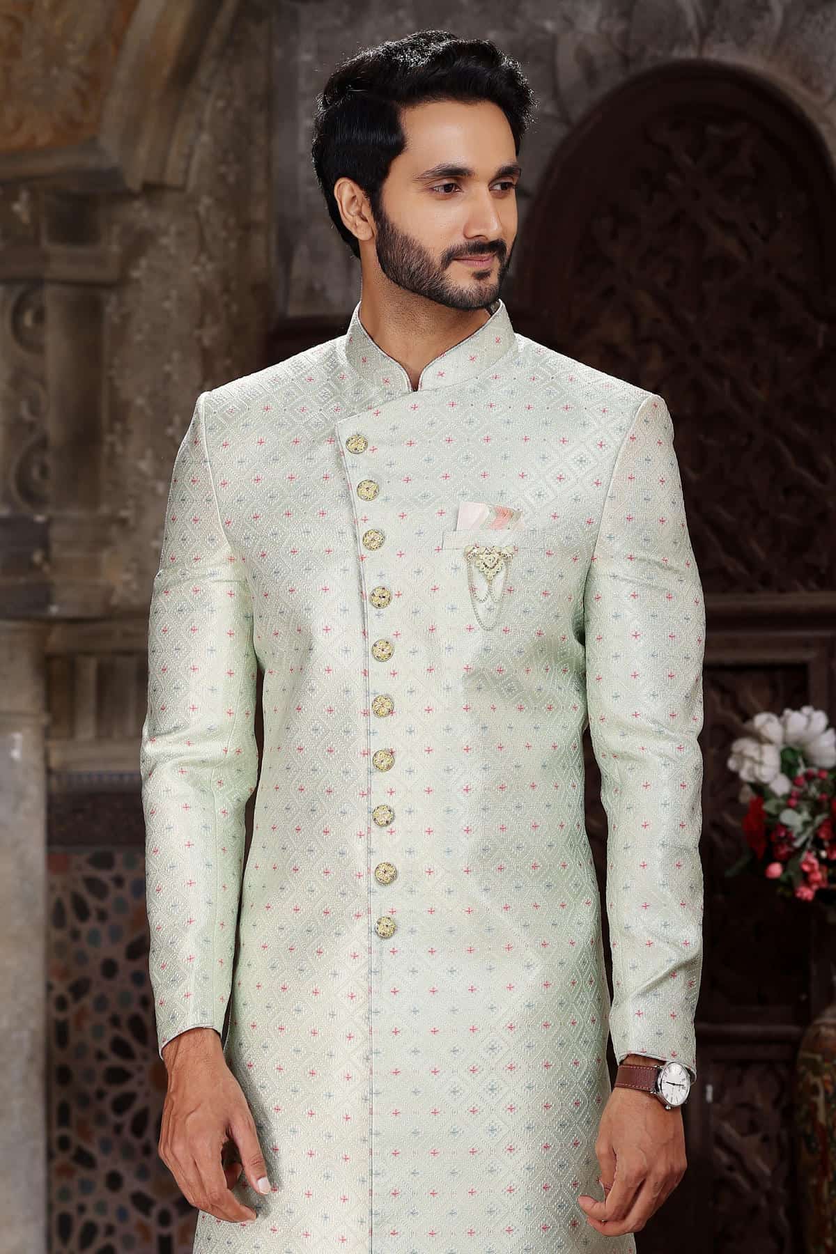 Pista Green Colour Banarasi Jacquard Embroidery Work indo western Sherwani