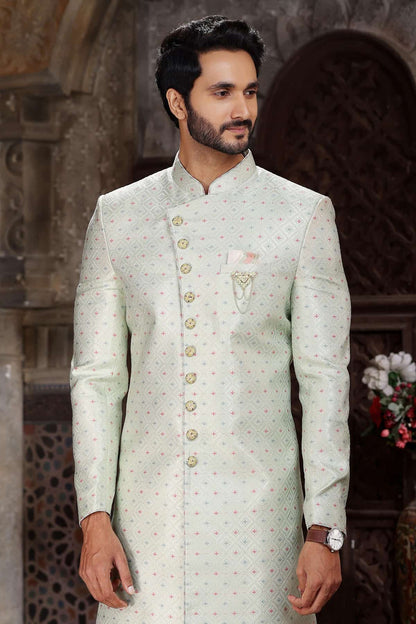 Pista Green Colour Banarasi Jacquard Embroidery Work indo western Sherwani