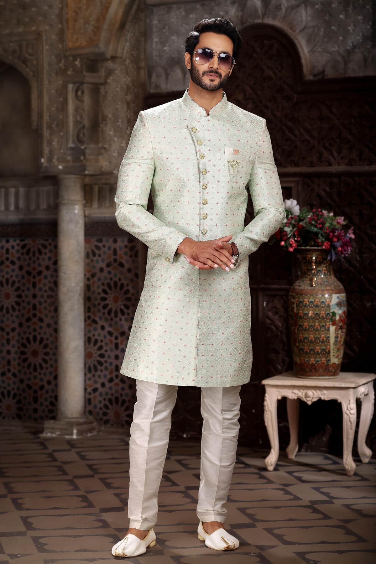 Pista Green Colour Banarasi Jacquard Embroidery Work indo western Sherwani