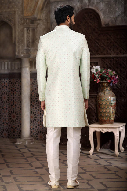 Pista Green Colour Banarasi Jacquard Embroidery Work indo western Sherwani