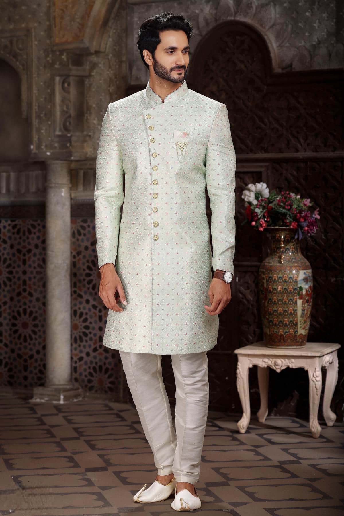 Pista Green Colour Banarasi Jacquard Embroidery Work indo western Sherwani