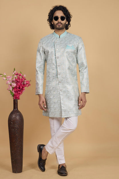 Pista Green Colour Banarasi Jacquard Pintux Work Semi Indo Western Sherwani