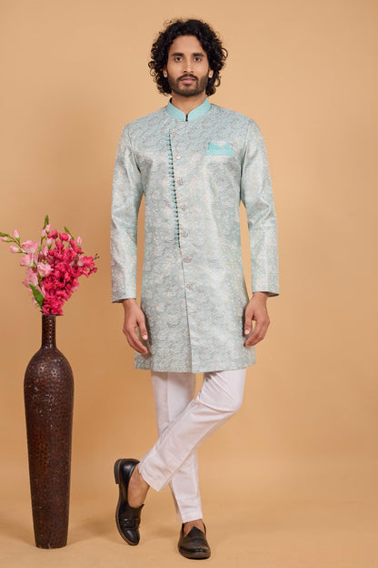 Pista Green Colour Banarasi Jacquard Pintux Work Semi Indo Western Sherwani