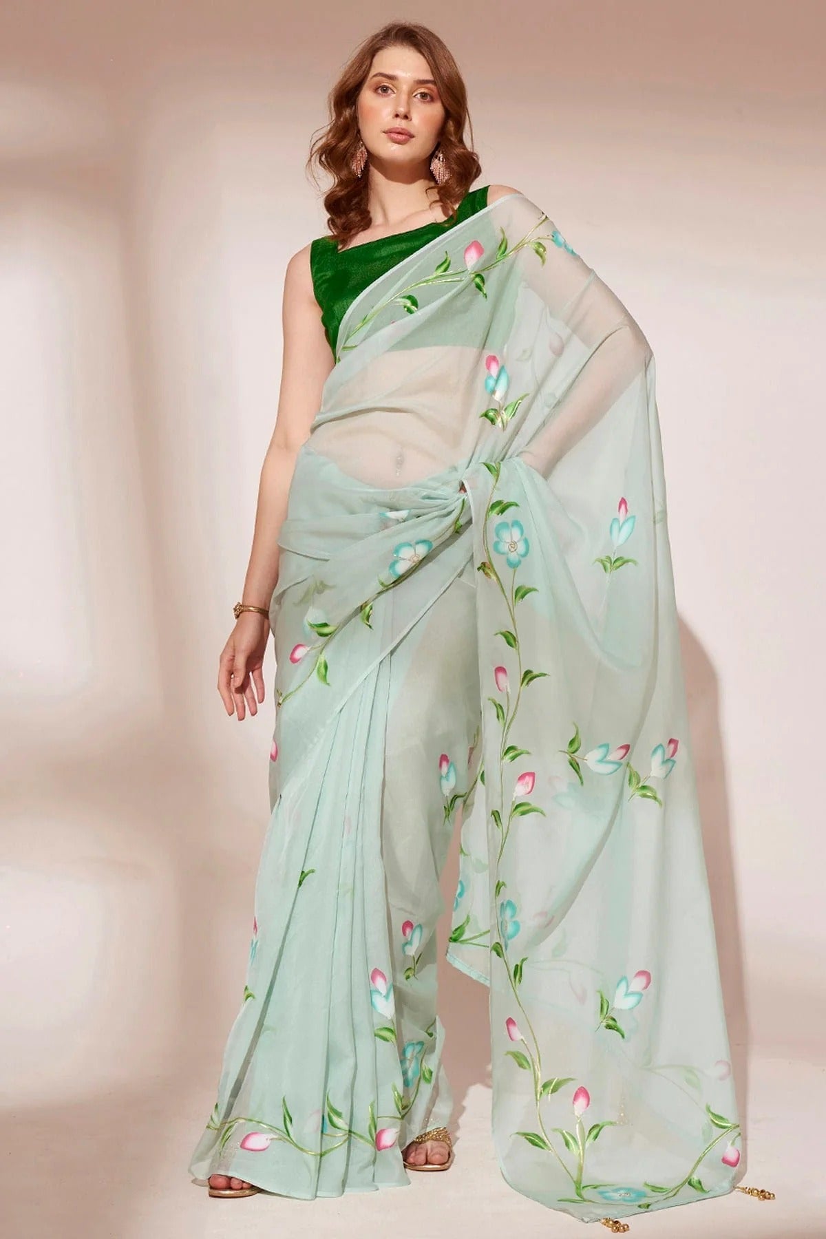 Pista Green Colour Blooming Organza Saree SD1110433