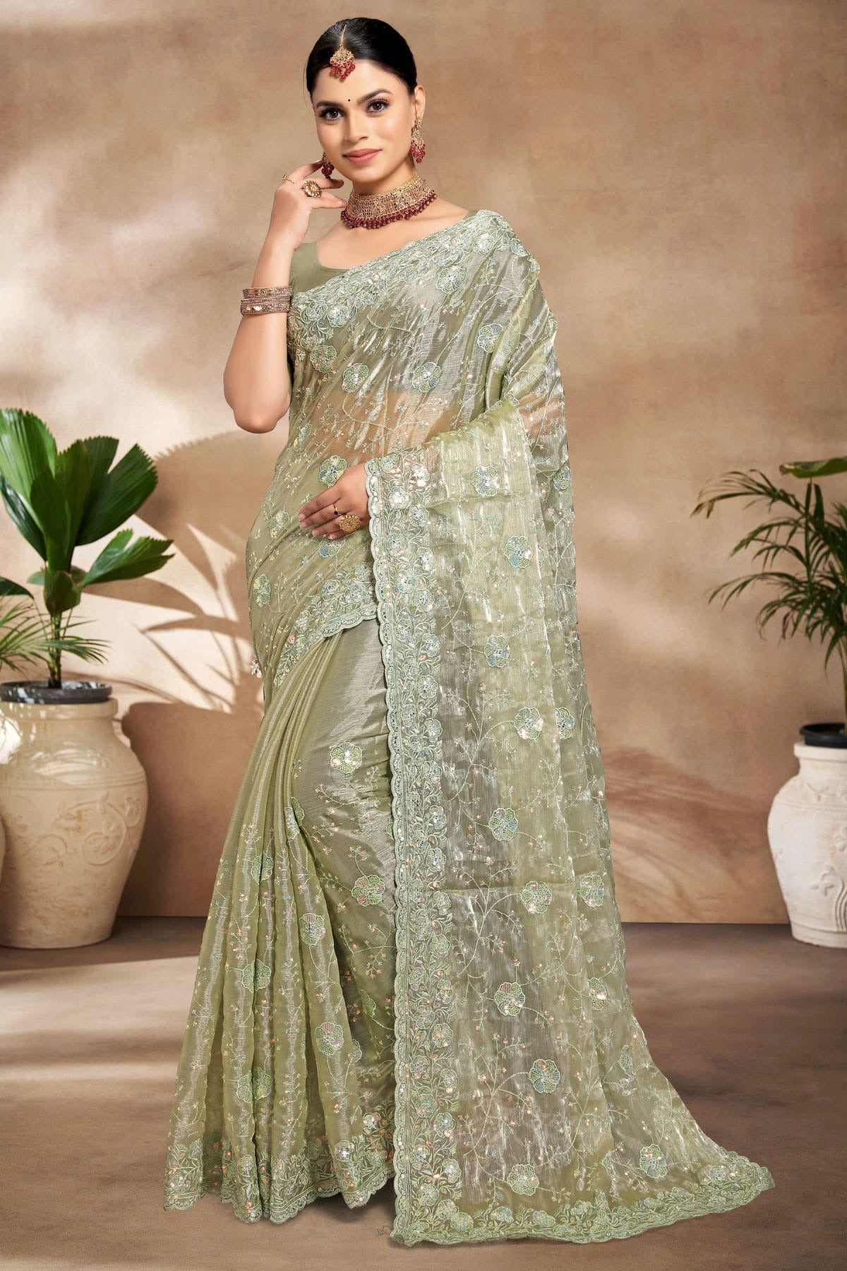 Pista Green Colour Burberry Silk Designer Saree SD1091178