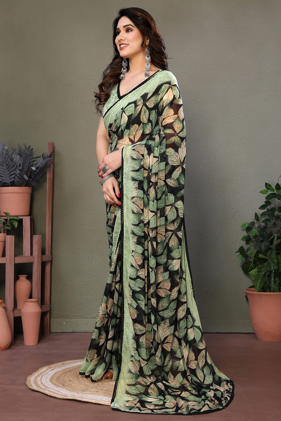 Pista Green Colour Chiffon Printed Saree
