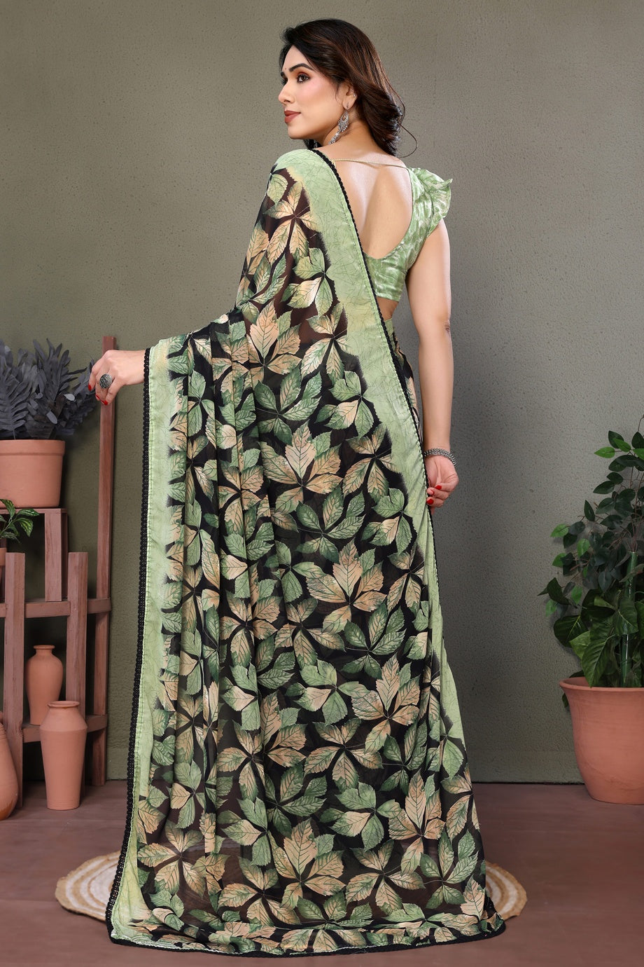 Pista Green Colour Chiffon Printed Saree