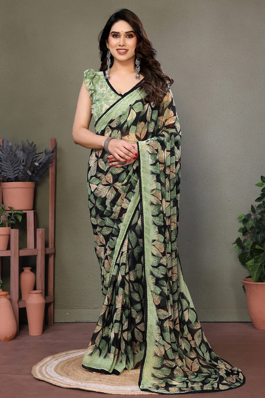 Pista Green Colour Chiffon Printed Saree
