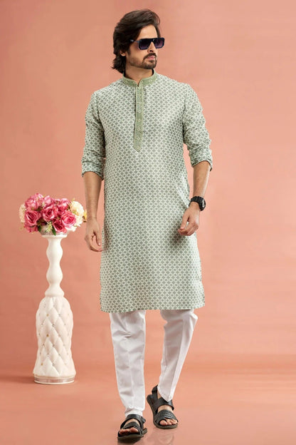Pista Green Colour Cotton Thread Work Kurta Pajama KP1230174 A