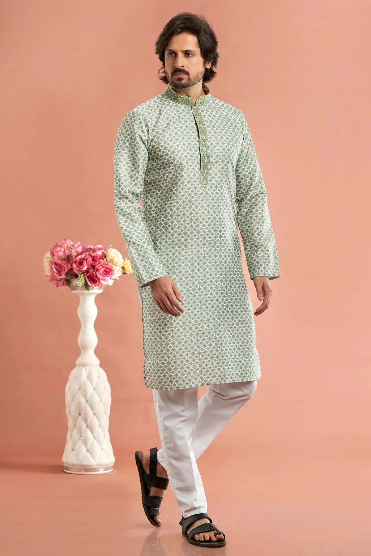Pista Green Colour Cotton Thread Work Kurta Pajama KP1230174