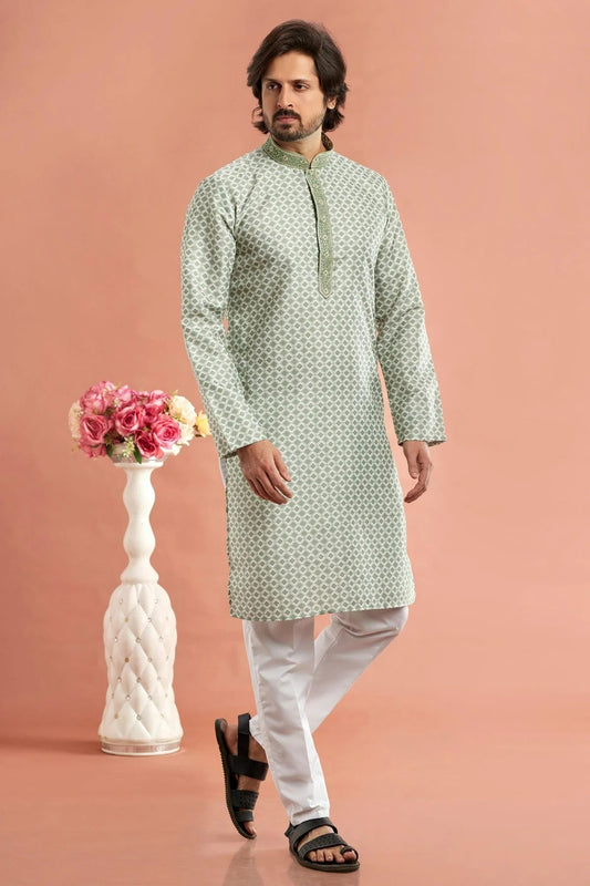 Pista Green Colour Cotton Thread Work Kurta Pajama KP1230174