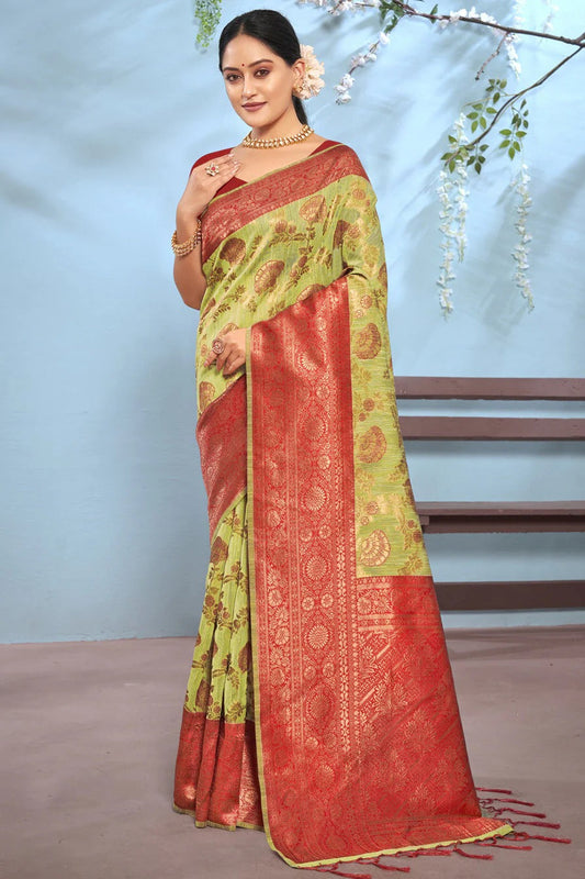 Pista Green Colour Cotton Traditional Saree In Woven Work SD1100962