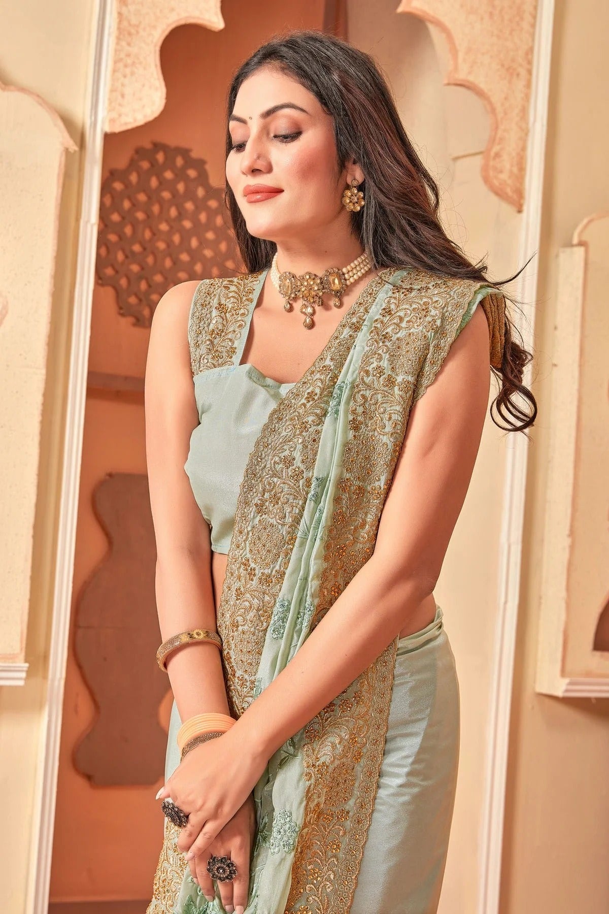 Pista Green Colour Crepe Silk Designer Saree LC1121507 A