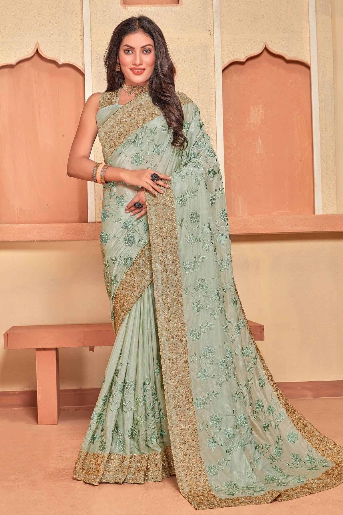 Pista Green Colour Crepe Silk Designer Saree LC1121507