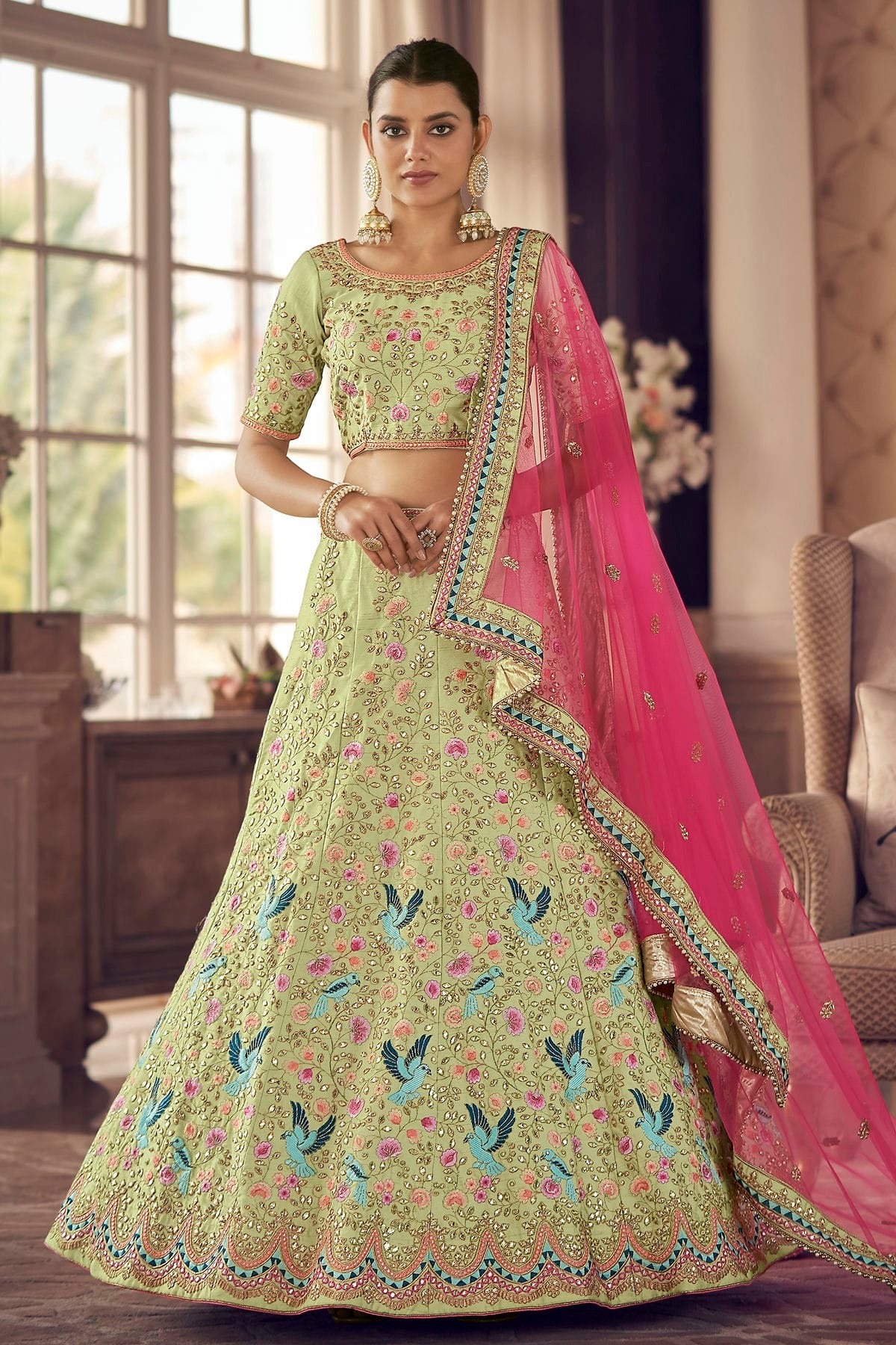 Pista Green Colour Embroidery Art Silk Lehenga Choli LD1080792