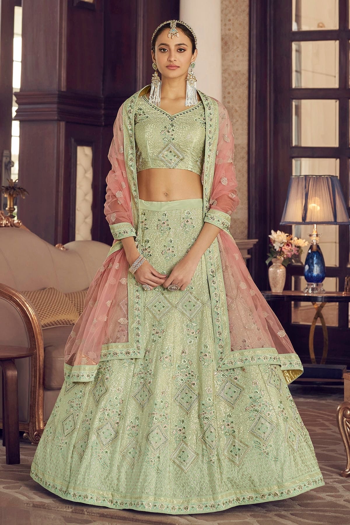 Pista Green Colour Embroidery Crepe Lehenga Choli LD1080791