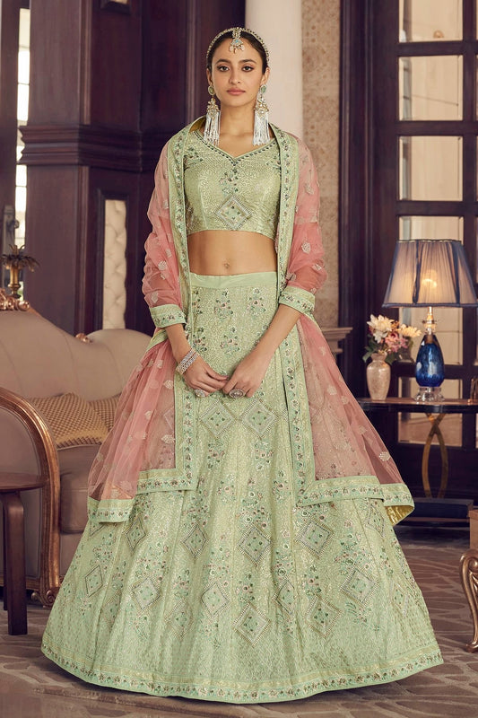 Pista Green Colour Embroidery Crepe Lehenga Choli LD1080791