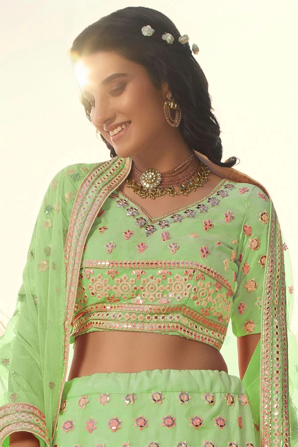 Pista Green Colour Embroidery Organza Lehenga Choli LD1080691 A