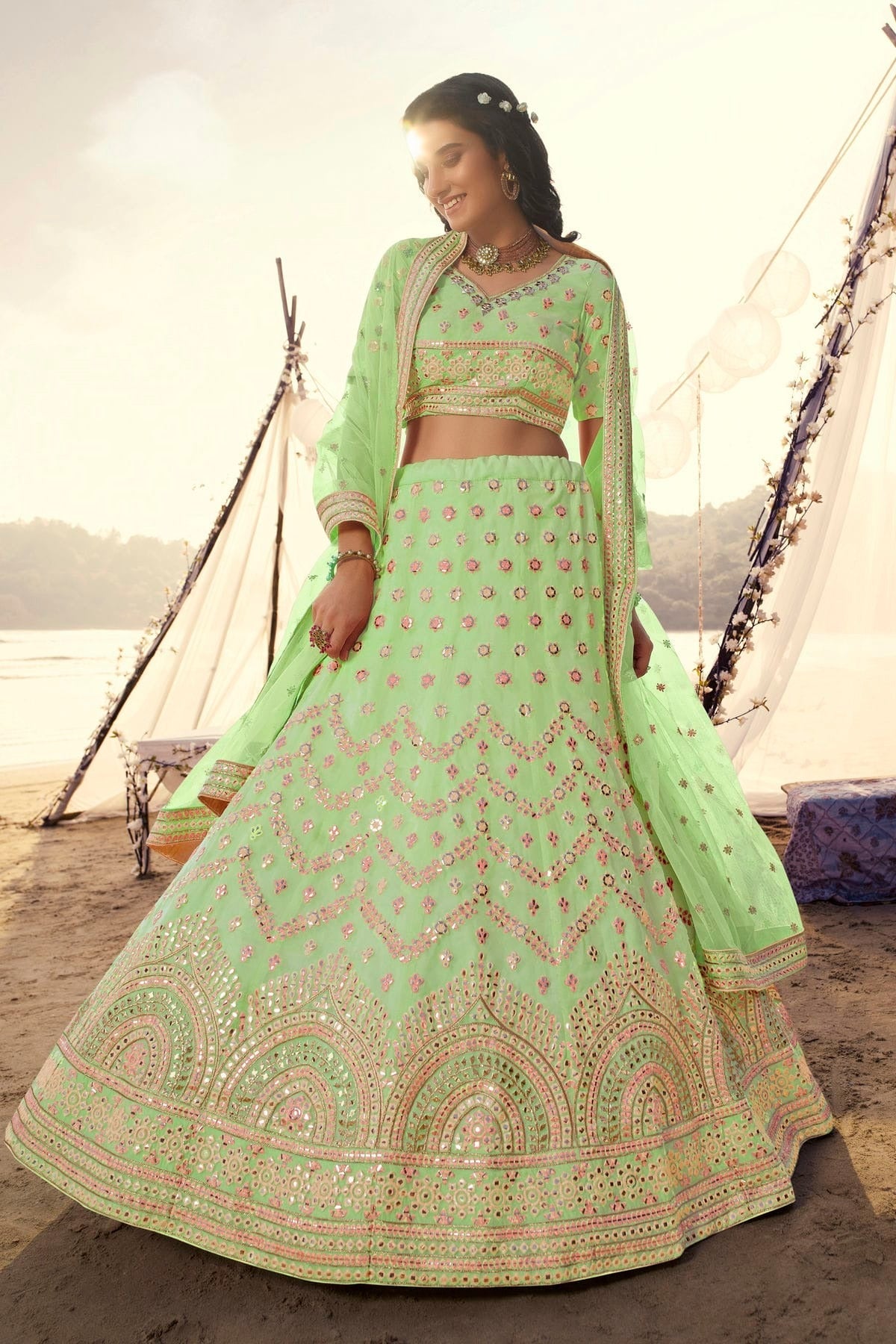 Pista Green Colour Embroidery Organza Lehenga Choli LD1080691