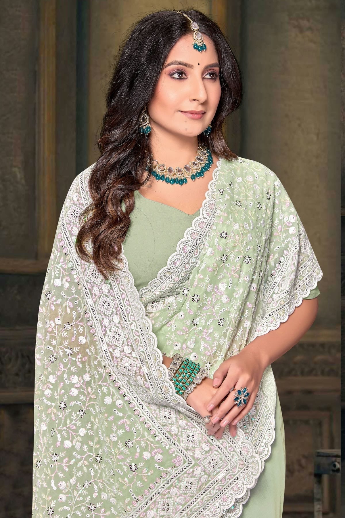Pista Green Colour Georgette Designer Saree SD1091222 A