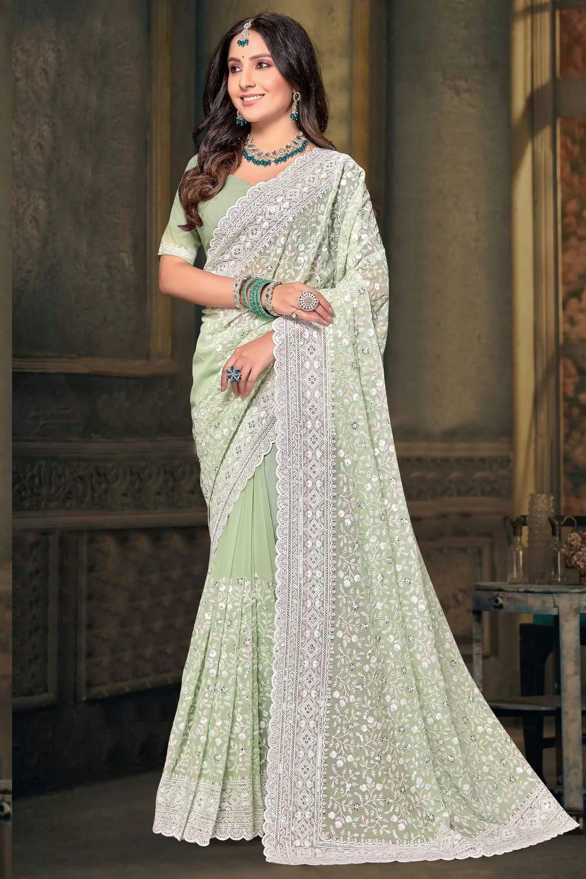 Pista Green Colour Georgette Designer Saree SD1091222