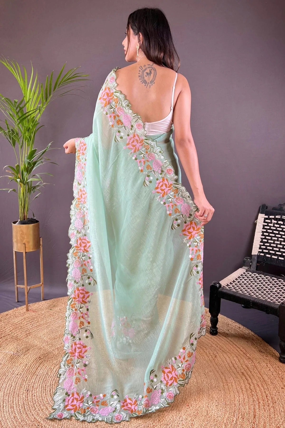 Pista Green Colour Glossy Silk Designer Saree SD1111890 A
