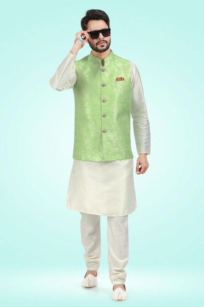 Pista Green Colour Jacquard Banarasi Silk Woven Work Kurta Pajama With Jacket
