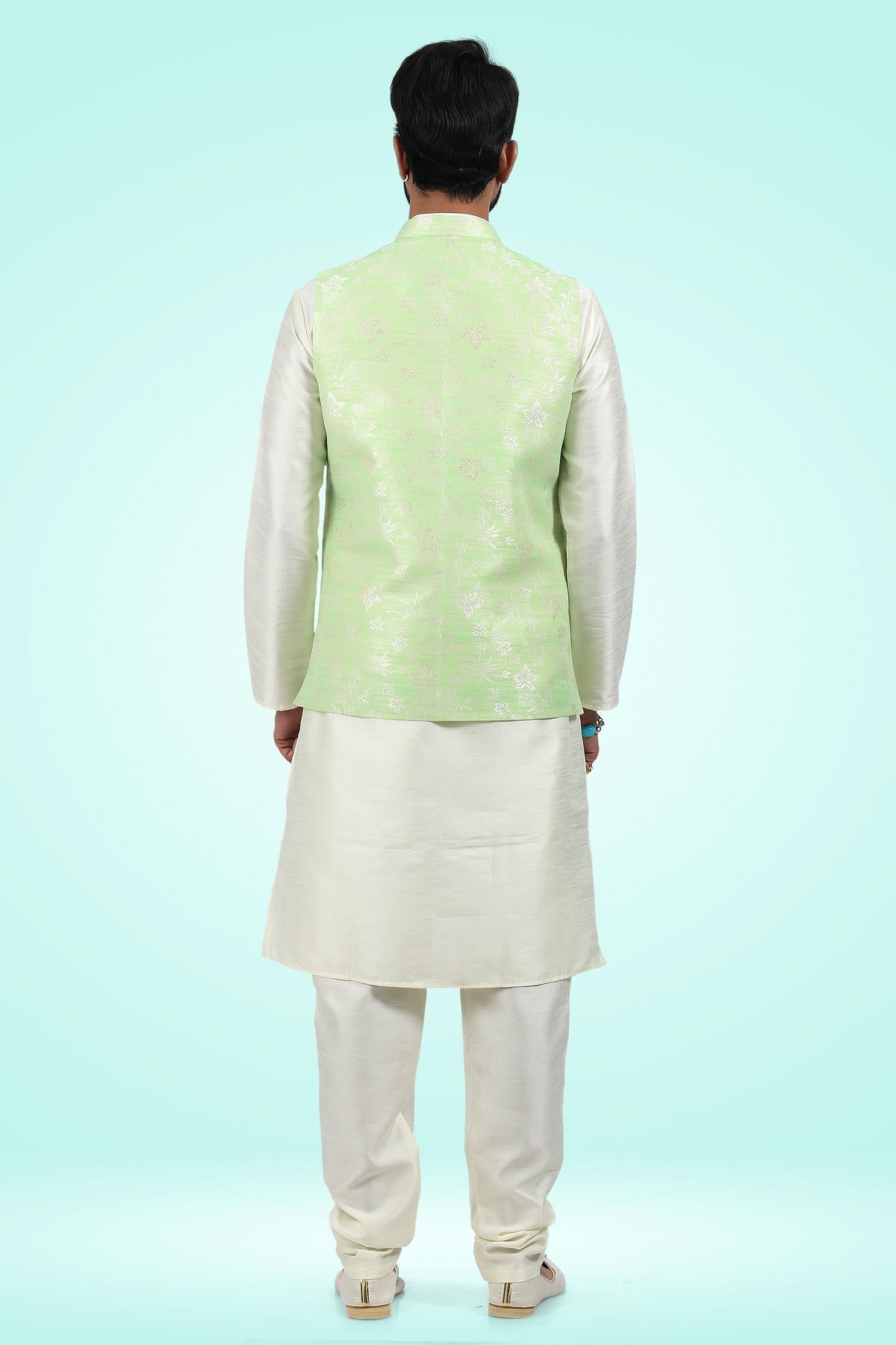 Pista Green Colour Jacquard Banarasi Silk Woven Work Kurta Pajama With Jacket