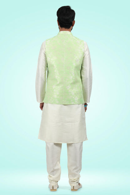 Pista Green Colour Jacquard Banarasi Silk Woven Work Kurta Pajama With Jacket