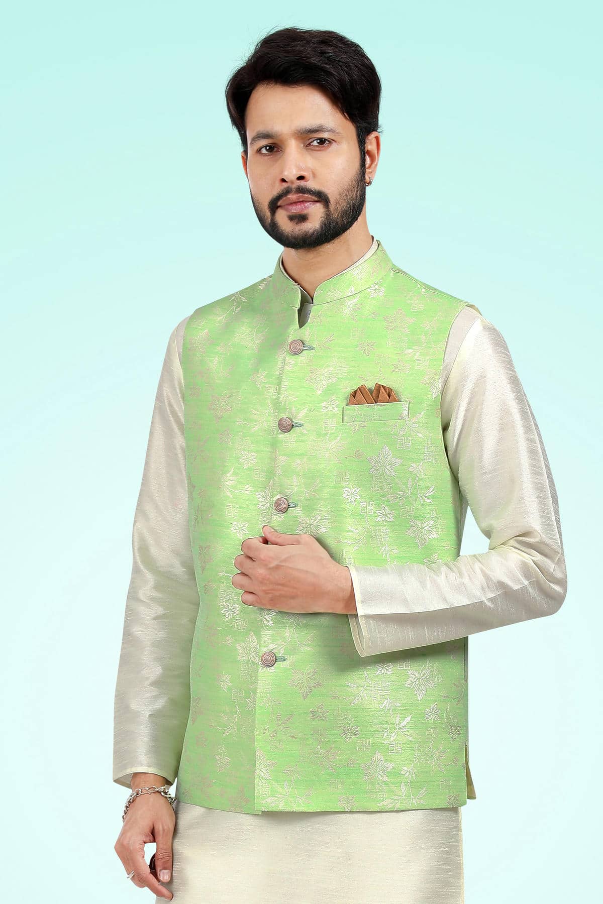Pista Green Colour Jacquard Banarasi Silk Woven Work Kurta Pajama With Jacket