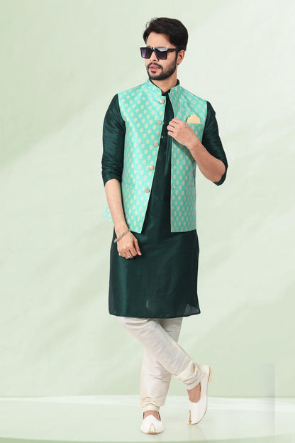 Pista Green Colour Jacquard Banarasi Silk Woven Work Kurta Pajama With Jacket