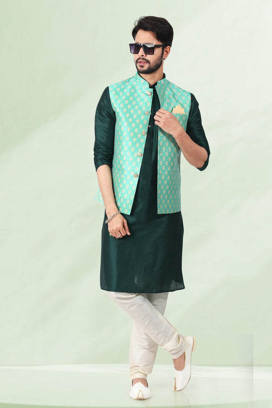 Pista Green Colour Jacquard Banarasi Silk Woven Work Kurta Pajama With Jacket