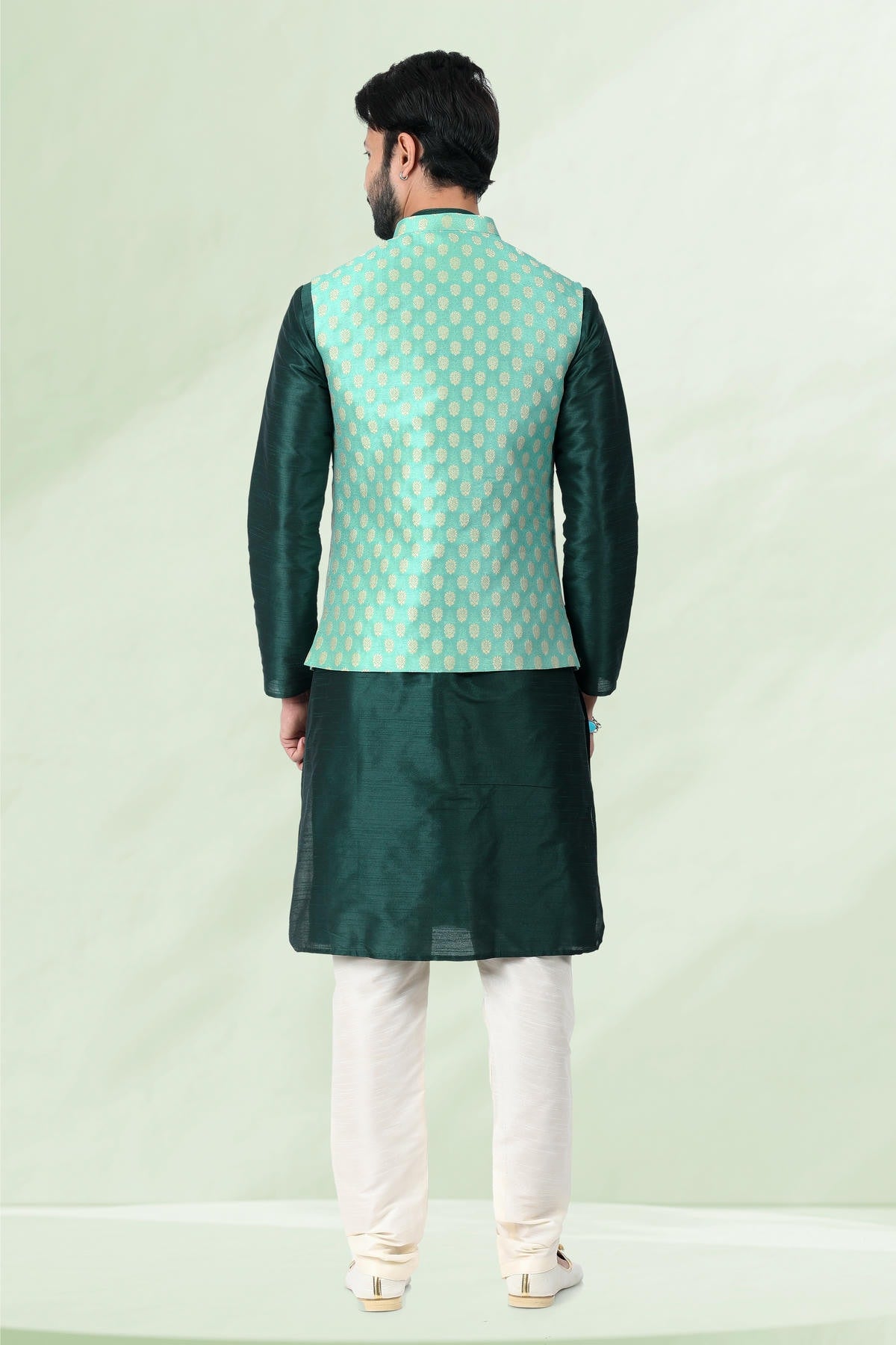 Pista Green Colour Jacquard Banarasi Silk Woven Work Kurta Pajama With Jacket
