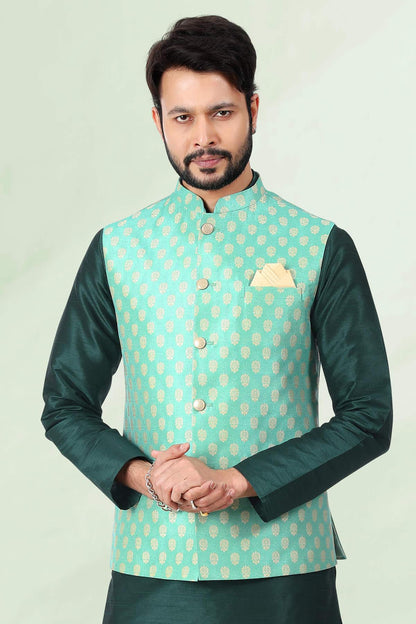 Pista Green Colour Jacquard Banarasi Silk Woven Work Kurta Pajama With Jacket
