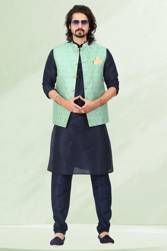 Pista Green Colour Jacquard Banarasi Silk Woven Work Kurta Pajama With Jacket