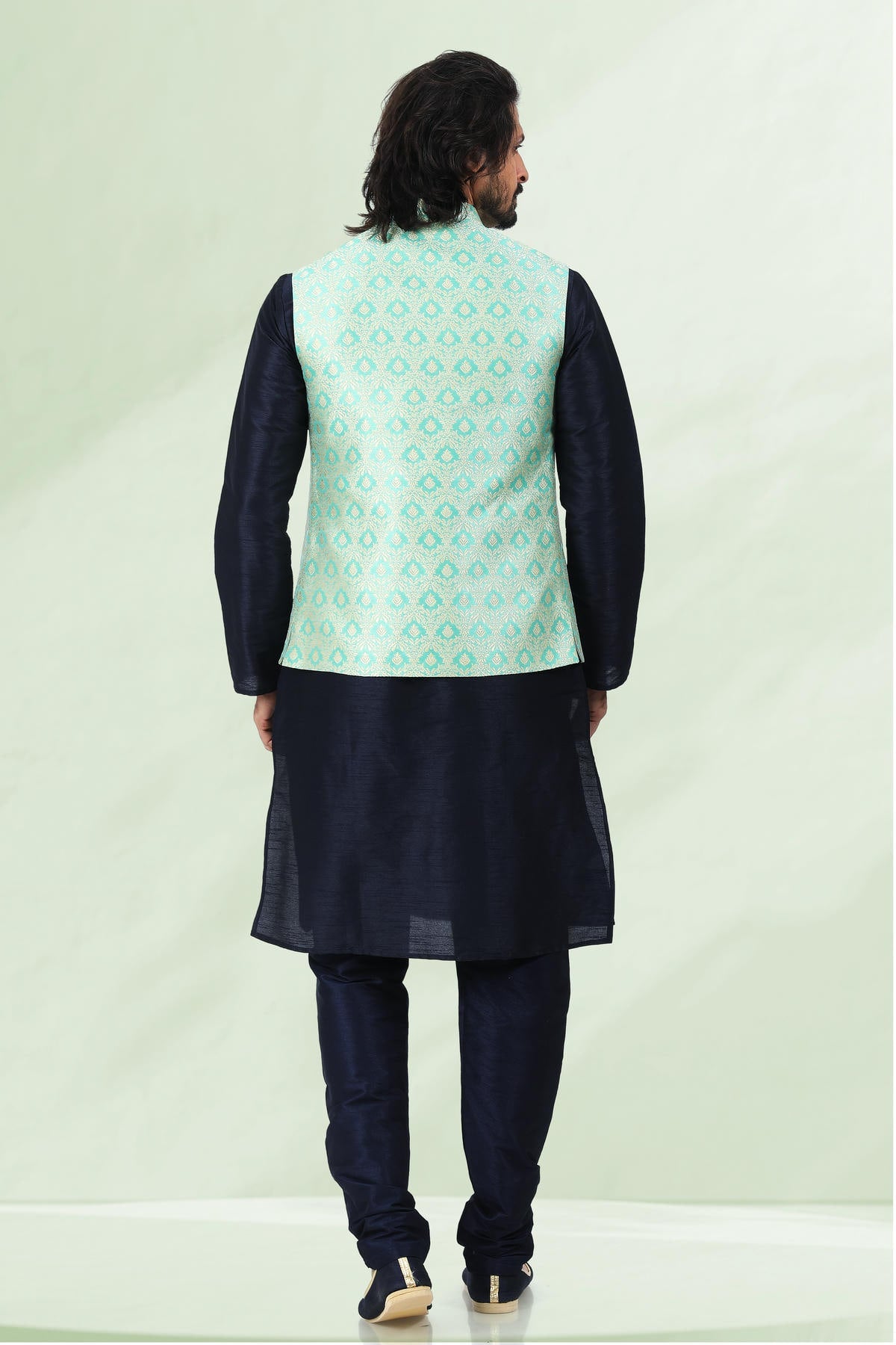 Pista Green Colour Jacquard Banarasi Silk Woven Work Kurta Pajama With Jacket