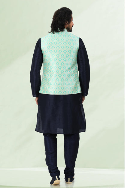 Pista Green Colour Jacquard Banarasi Silk Woven Work Kurta Pajama With Jacket
